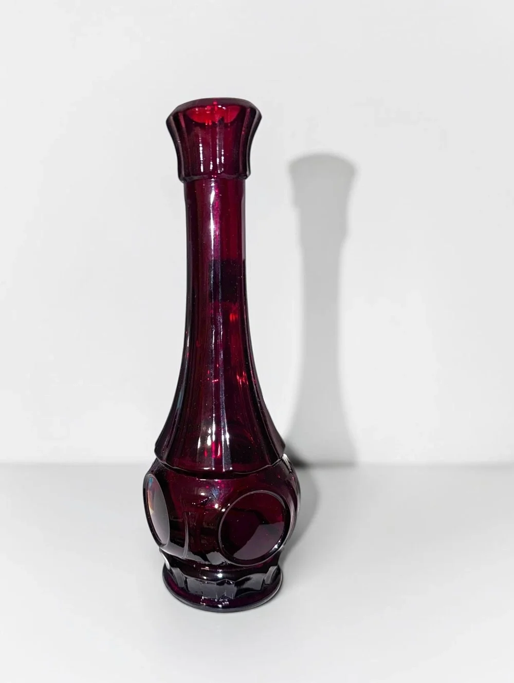 Vintage Ruby Red Glass Bud Vase with Raised Circular Motif, Mid-Century Modern